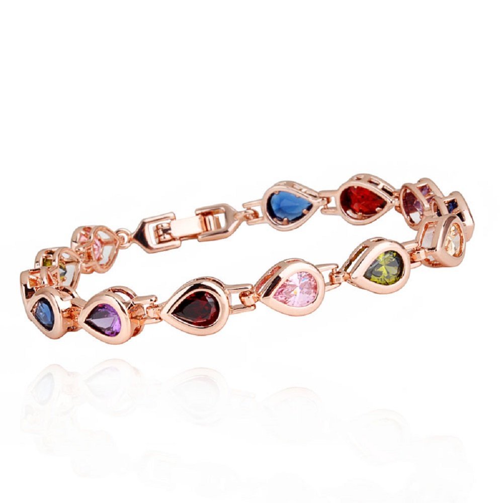 Crystalline Azuria Women 18K Rose Gold Plated Teardrops Multi Colorful Zirconia Crystals Tennis Bracelet