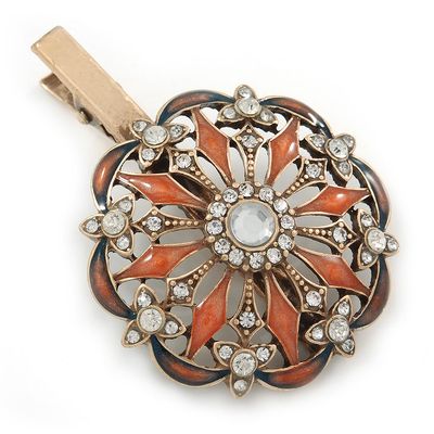 Vintage Inspired Clear Crystal Orange Enamel Flower Hair Beak Clip/Concord Clip/Clamp Clip In Gold Tone - 60mm L