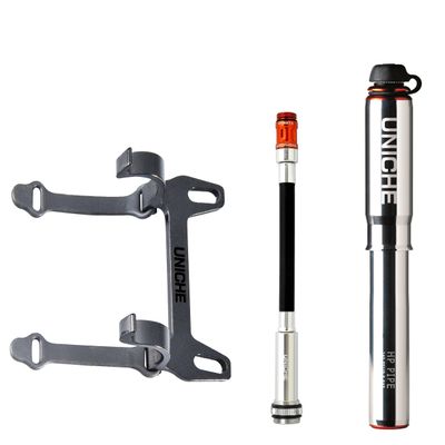 UNICHE Tech HP Mini Bike Pump with Gauge - 140 PSI, Presta & Schrader Compatible, Portable Frame Bicycle Pump for Road Bike, MTB, Gravel Bike (Silver, Small)