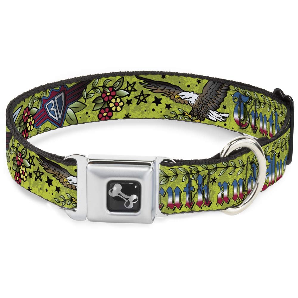 Dog Collar Seatbelt Buckle Truth and Justice Green 16 to 23 Inches 1.5 Inch Wide