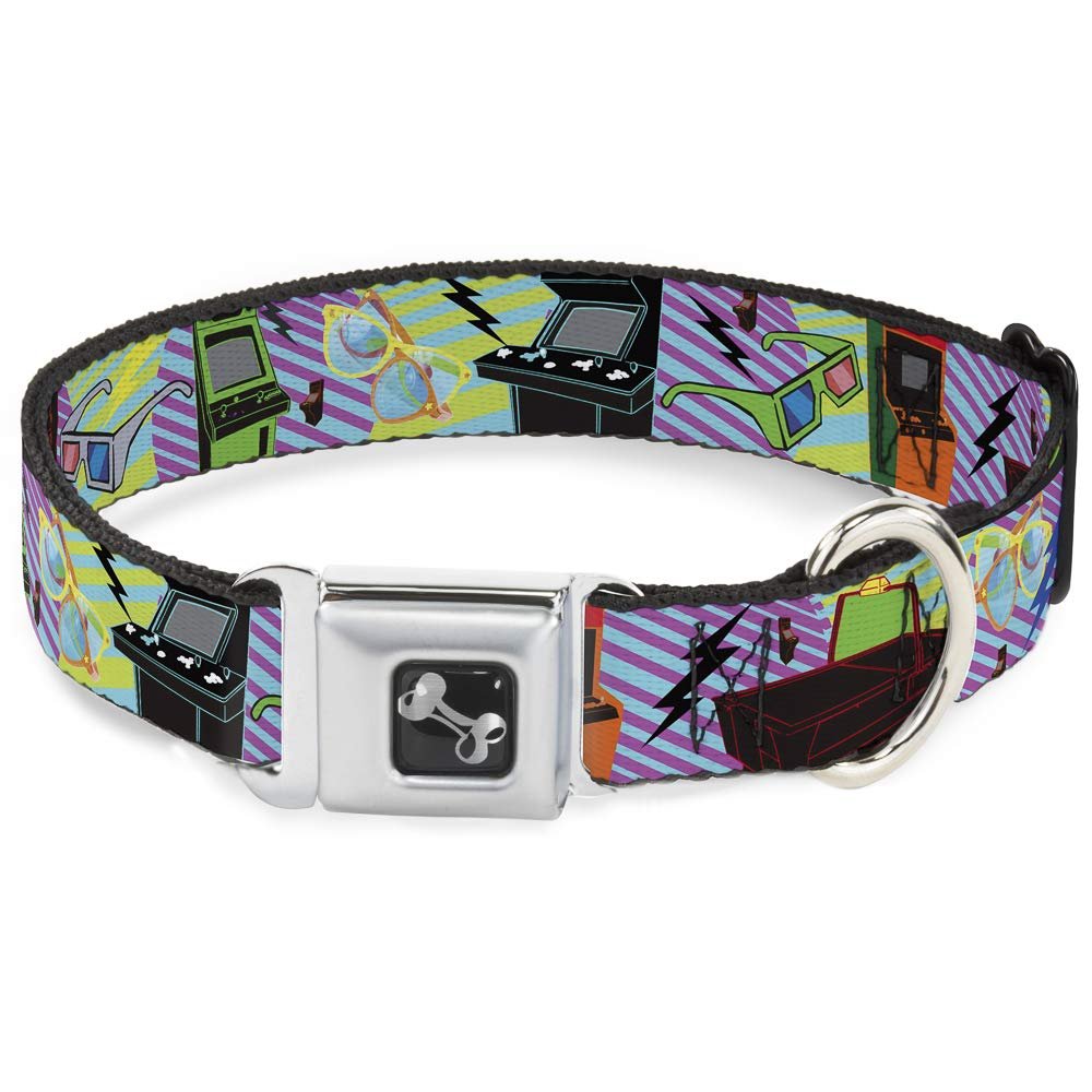 Buckle-Down Seatbelt Buckle Dog Collar - Eighties Arcade Multi Neon Stripes - 1" Wide - Fits 9-15" Neck - Small