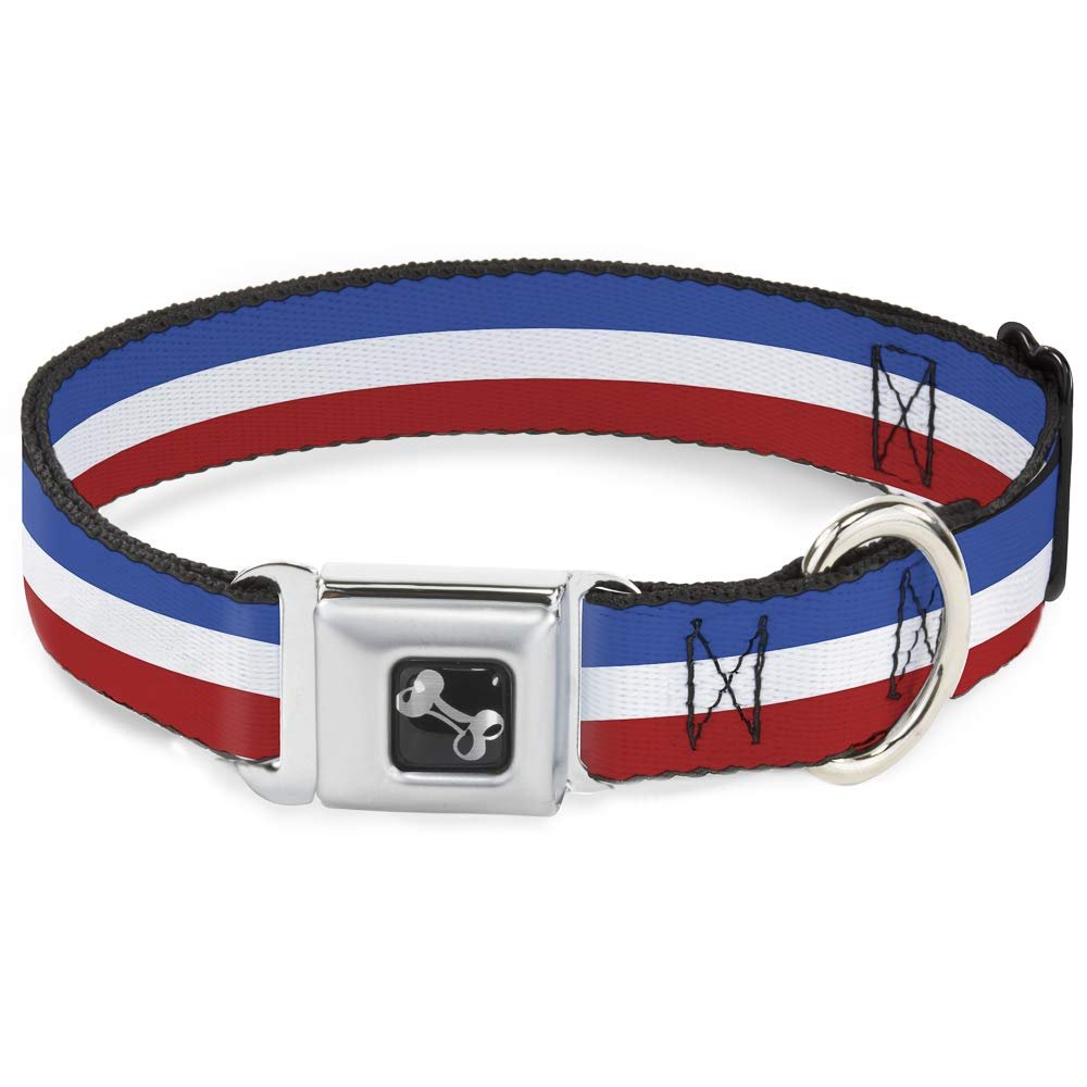 Dog Collar Seatbelt Buckle Stripes Blue White Red 18 to 32 Inches 1.5 Inch Wide