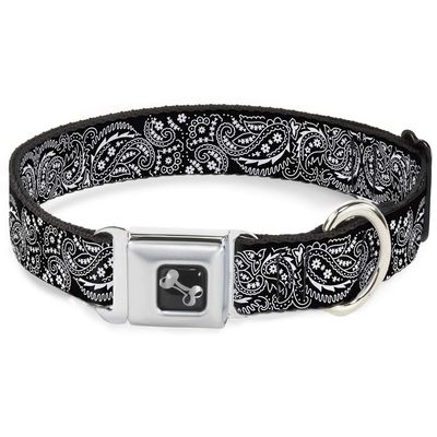 Buckle-Down Seatbelt Buckle Dog Collar - Floral Paisley2 Black/White - 1" Wide - Fits 9-15" Neck - Small