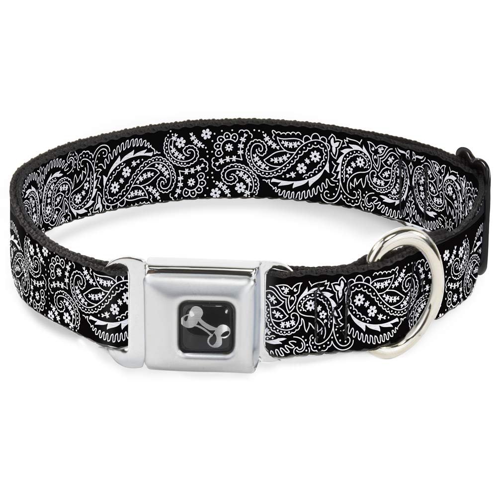 Buckle-Down Seatbelt Buckle Dog Collar - Floral Paisley2 Black/White - 1" Wide - Fits 9-15" Neck - Small