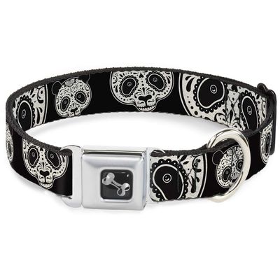 Buckle-Down Seatbelt Buckle Dog Collar - Panda Bear Sugar Skull Black/White - 1.5" Wide - Fits 16-23" Neck - Medium