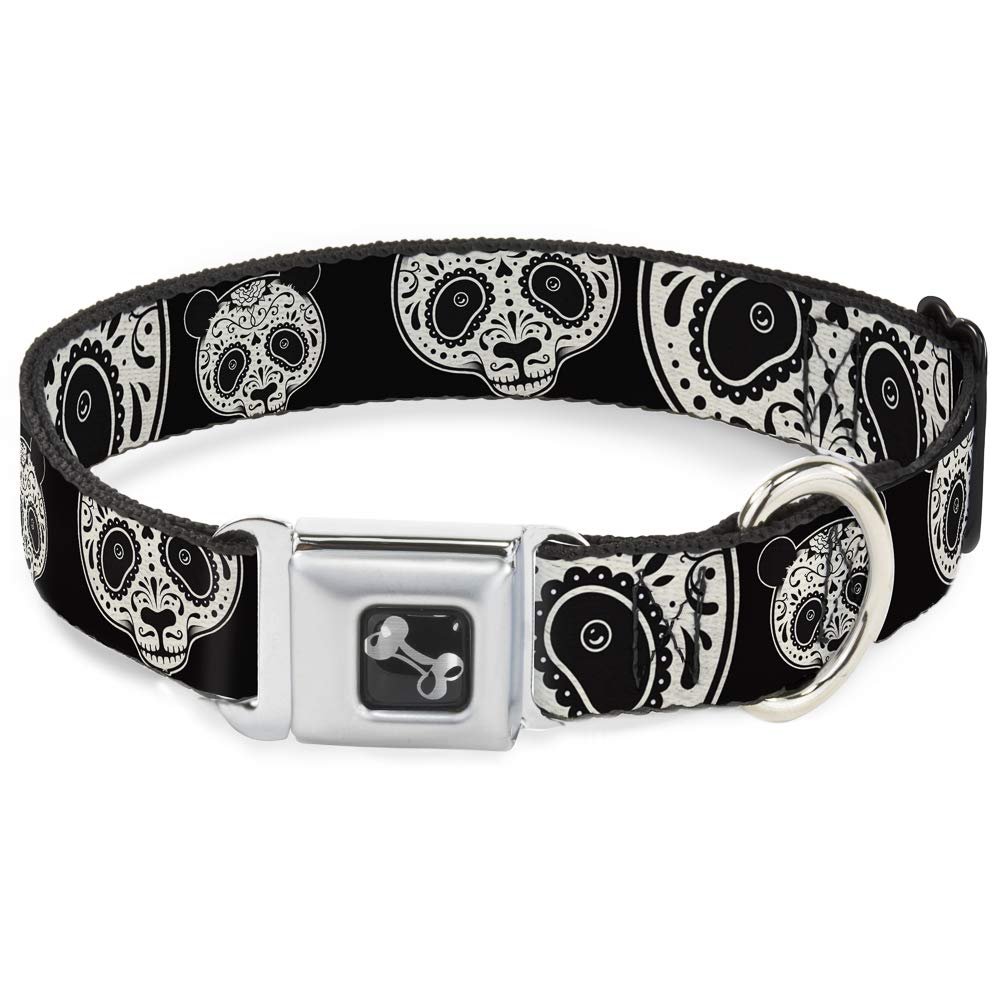 Buckle-Down Seatbelt Buckle Dog Collar - Panda Bear Sugar Skull Black/White - 1.5" Wide - Fits 16-23" Neck - Medium