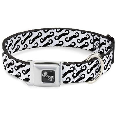 Buckle-Down Seatbelt Buckle Dog Collar - Diagonal Handlebar Mustaches White/Black - 1" Wide - Fits 9-15" Neck - Small