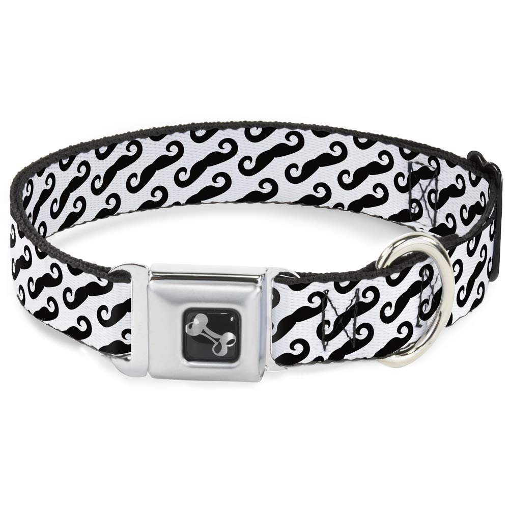 Buckle-Down Seatbelt Buckle Dog Collar - Diagonal Handlebar Mustaches White/Black - 1" Wide - Fits 9-15" Neck - Small