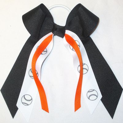 Sublimation Specialties Softball Baseball Hair Bow - Made in The USA, White Pony Band (Black/Orange)