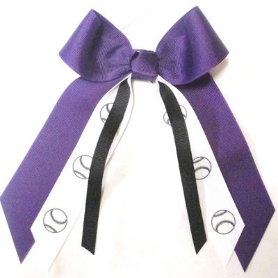 Sublimation Specialties Softball Baseball Hair Bow - Made in The USA, White Pony Band (Purple/Black)