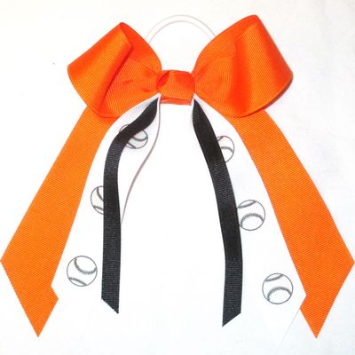 Sublimation Specialties Softball Baseball Hair Bow - Made in The USA, White Pony Band (Orange/Black)