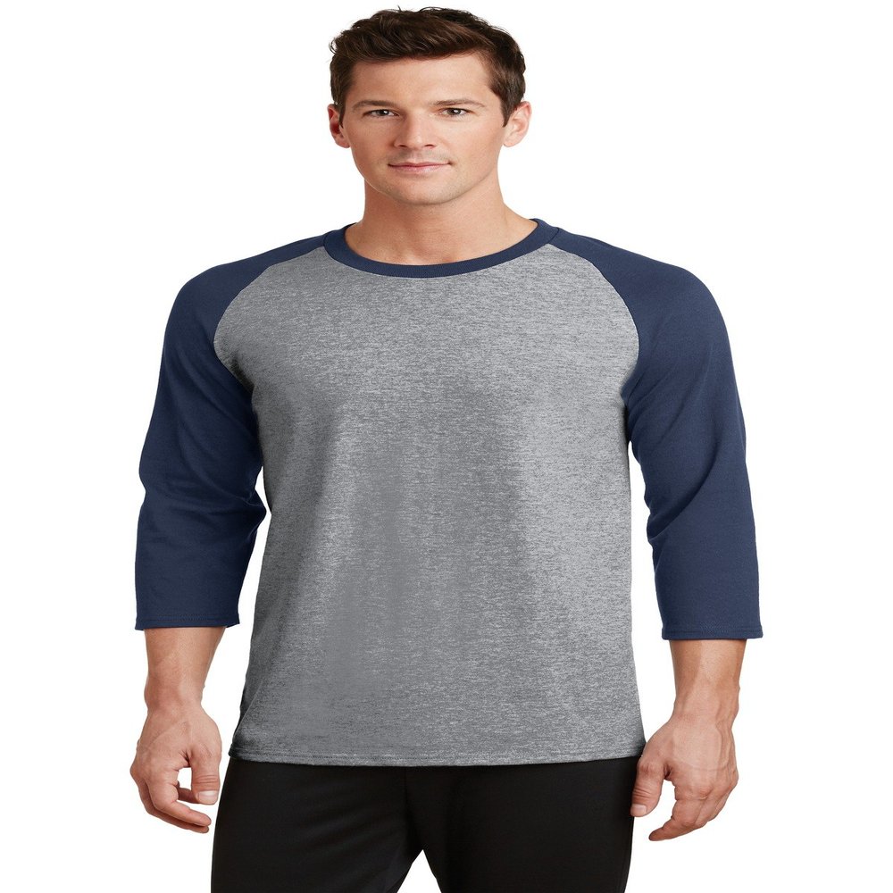 Port & Company 50/50 Cotton/Poly 3/4-Sleeve Raglan T-Shirt. PC55RS Athletic Heather/ Navy 2XL