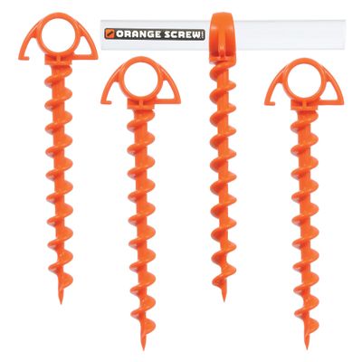 Orange Screw Ultimate Ground Anchors: Heavy Duty Screw-in Tent Stakes for High Wind, Sand, Canopies, and Camping - Made in USA, Included T-Grip Tool - (Small, 4 Pack, Orange)