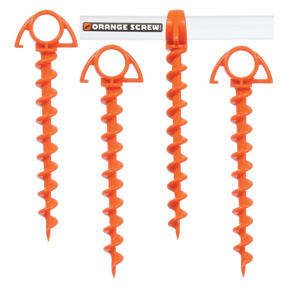Orange Screw Ultimate Ground Anchors: Heavy Duty Screw-in Tent Stakes for High Wind, Sand, Canopies, and Camping - Made in USA, Included T-Grip Tool - (Small, 4 Pack, Orange)