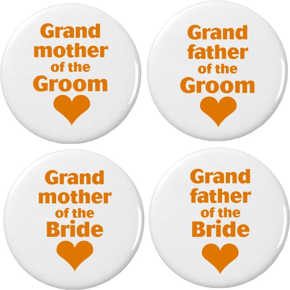 A&T Designs 4 Grandmother Grandfather of Bride Groom Orange Heart 2.25 Large Buttons Pins