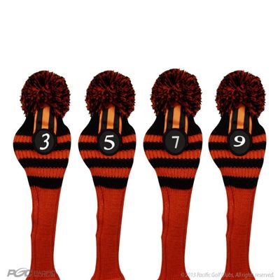 Pacific Golf Clubs Head Covers 3 5 7 9 Black and Orange Knit Retro Old School Vintage Stripe Pom Pom Throwback Classic