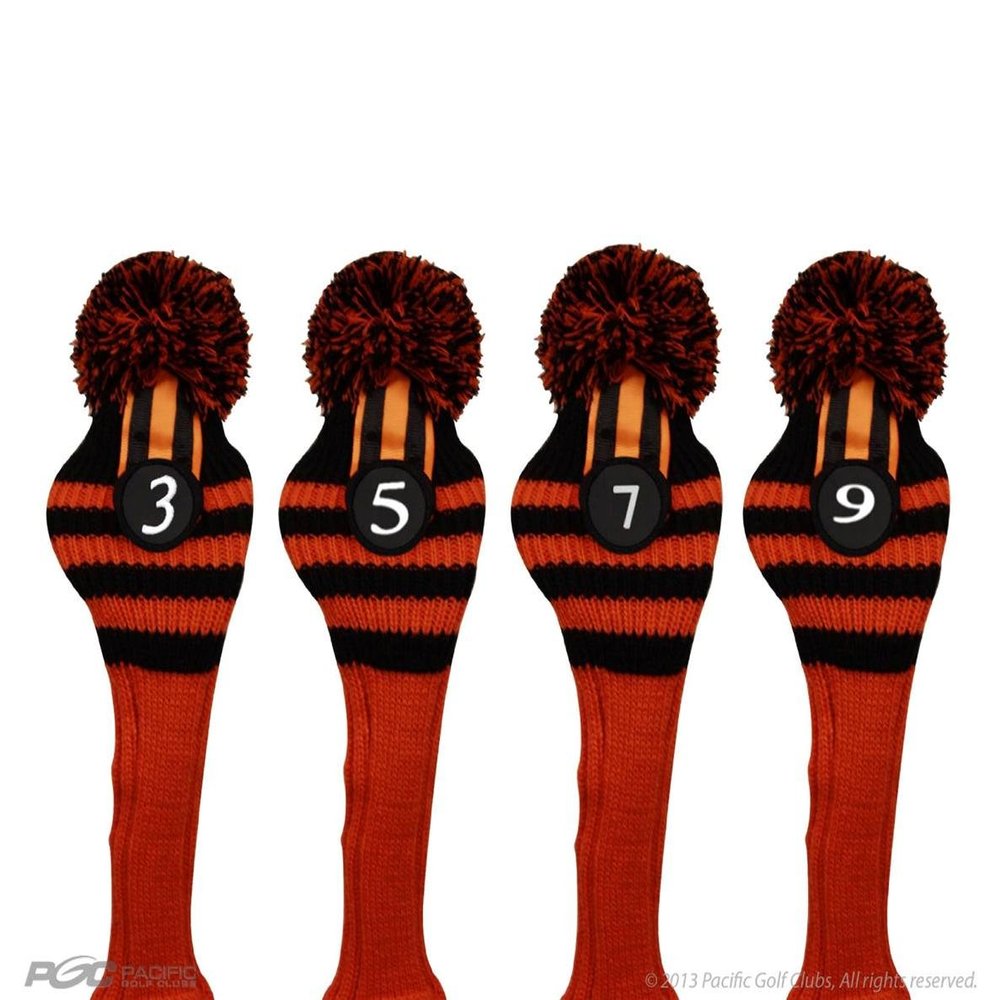 Pacific Golf Clubs Head Covers 3 5 7 9 Black and Orange Knit Retro Old School Vintage Stripe Pom Pom Throwback Classic