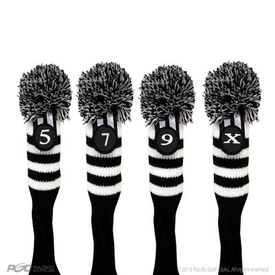 Pacific Golf Clubs Head Covers 5 7 9 X Black and White Knit Retro Old School Vintage Stripe Pom Pom Throwback Classic