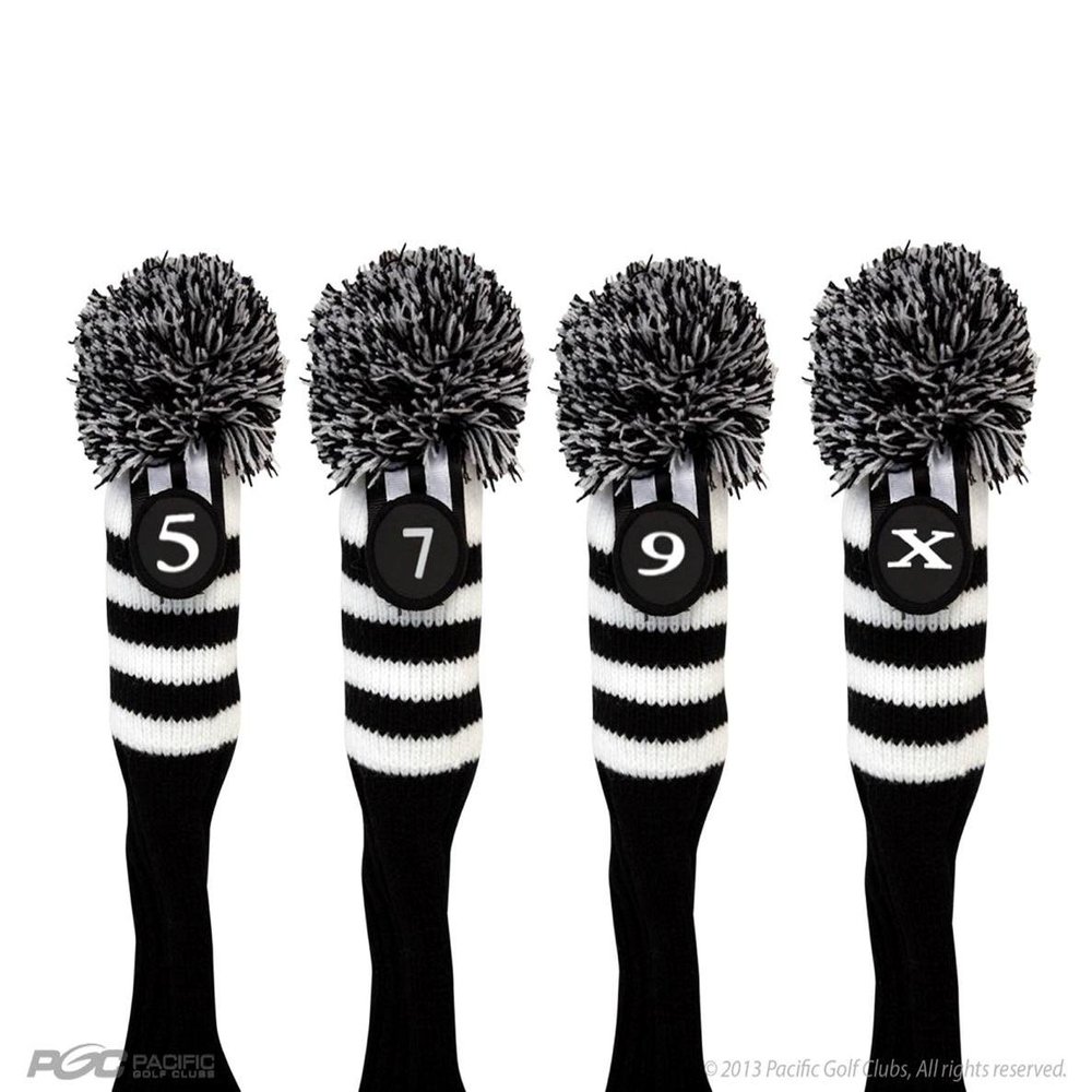 Pacific Golf Clubs Head Covers 5 7 9 X Black and White Knit Retro Old School Vintage Stripe Pom Pom Throwback Classic