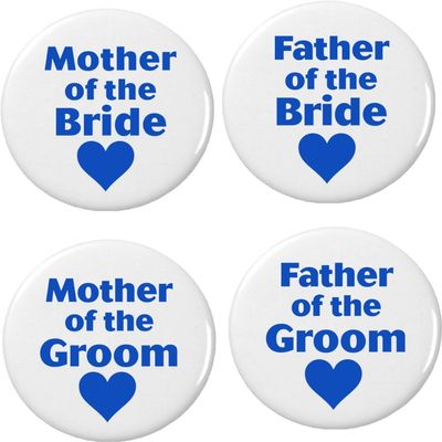 Set 4 Mother/Father of the Bride/Groom Blue Heart 2.25 Large Buttons Pins