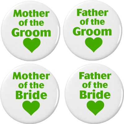 4 Mother/Father of Bride/Groom Green Heart 2.25 Large Buttons Pins Wedding