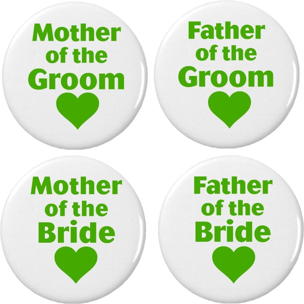 4 Mother/Father of Bride/Groom Green Heart 2.25 Large Buttons Pins Wedding