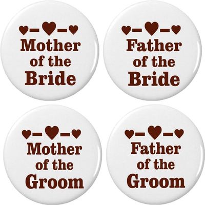 4 Mother/Father of Bride/Groom Brown Heart 2.25 Large Buttons Pins Wedding