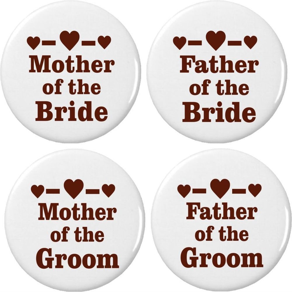 4 Mother/Father of Bride/Groom Brown Heart 2.25 Large Buttons Pins Wedding