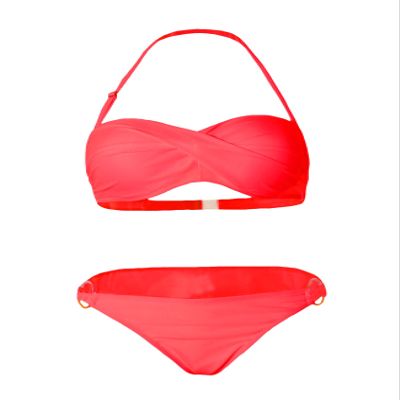 Bestgift Womens Twist Front O-Ring Bottom Ruffle Bandeau Bikini Set red S