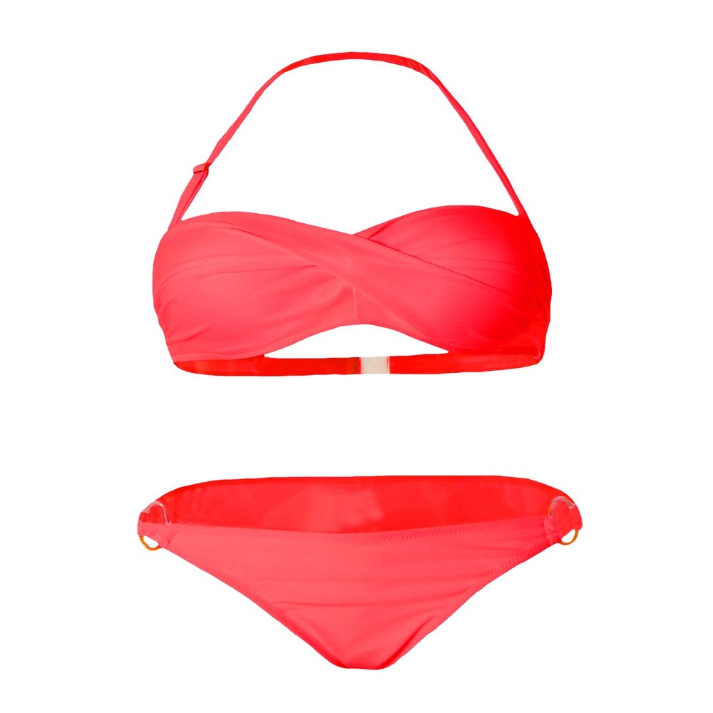 Bestgift Womens Twist Front O-Ring Bottom Ruffle Bandeau Bikini Set red S