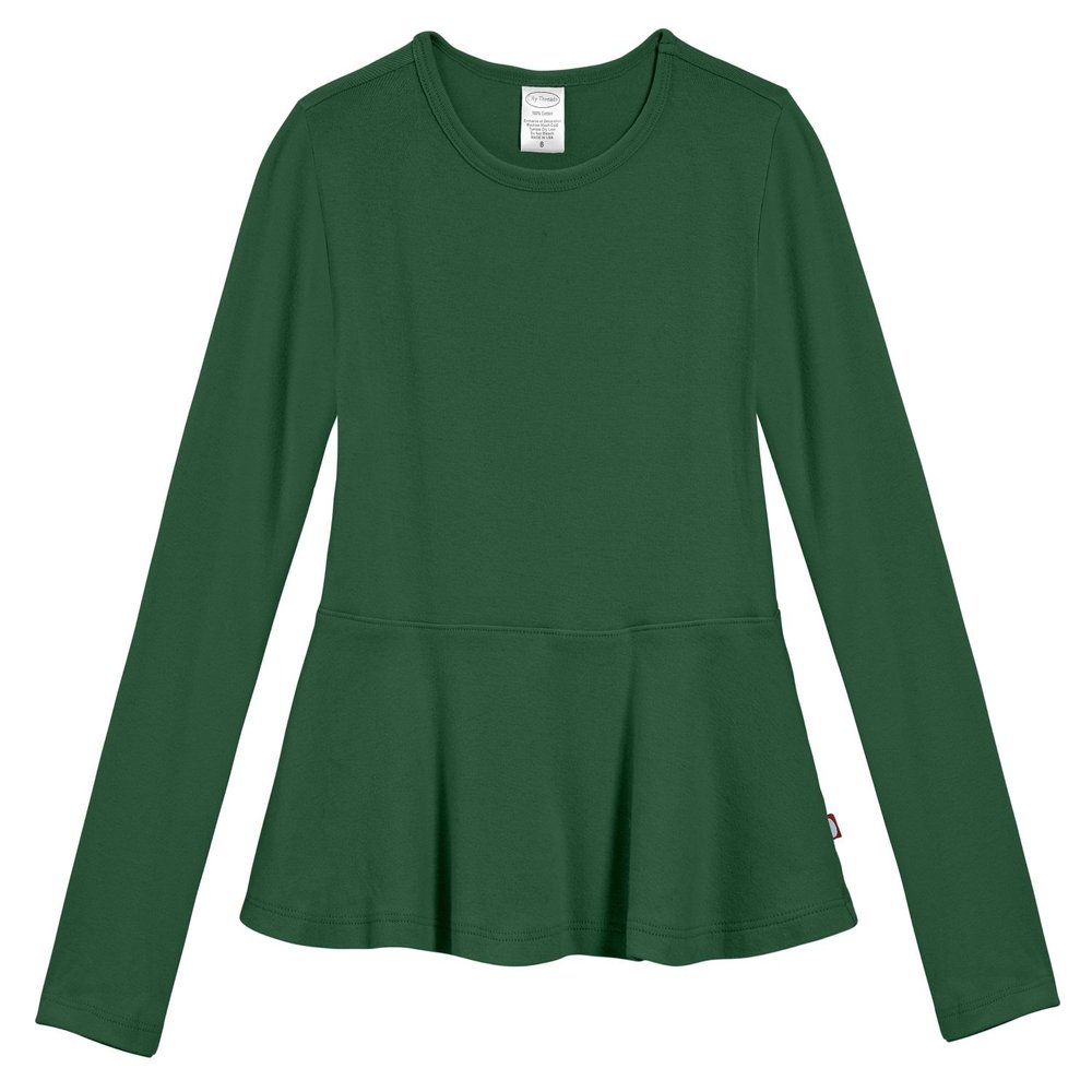 City Threads Big Girls' Cotton Long Sleeve Peplum Top Blouse Shirt for School, Parties or Play Perfect for Sensitive Skin and Sensory Friendly SPD, Forest Green, 8