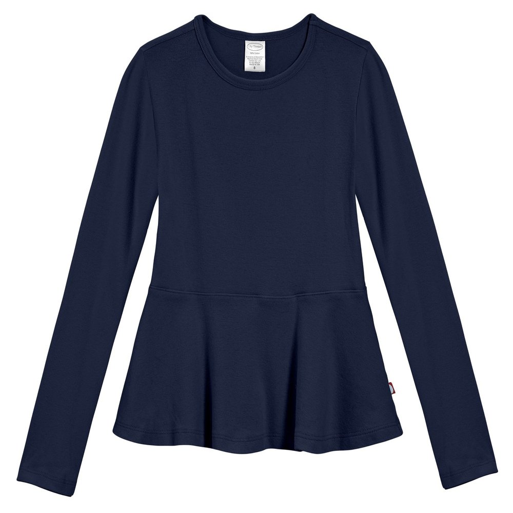 City Threads Little Girls' Cotton Long Sleeve Peplum Top Blouse Shirt for School, Parties or Play Perfect for Sensitive Skin and Sensory Friendly SPD, Navy, 5