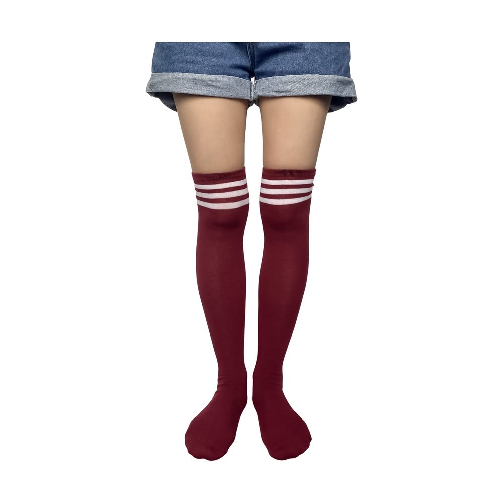 spomei Over Knee Thigh Socks Extra Long, Knee-High Warm Stocking Women Boot Sock Leg Warmer for Daily Wear, Cosplay U-SY-W6 (US, Alpha, One Size, Regular, Regular, Maroon and White Three Stripe)