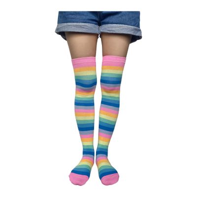 spomei Womens Thigh High Socks Striped Winter, Cotton Warm Over Knee Stockings Extra Long Leg Warmer for Cosplay & Goth LW-3 (Pastel/Multicolor)