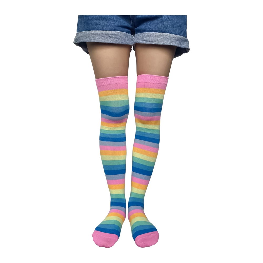 spomei Womens Thigh High Socks Striped Winter, Cotton Warm Over Knee Stockings Extra Long Leg Warmer for Cosplay & Goth LW-3 (Pastel/Multicolor)