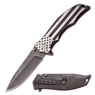 MTech USA Xtreme  Spring Assisted Folding Knife  Stonewashed Finish Fine Edge Blade w/ Dont Tread on Me Snake Etching, Two-Tone American Flag Stainless Steel Handle, EDC, Tactical  MX-A849AS