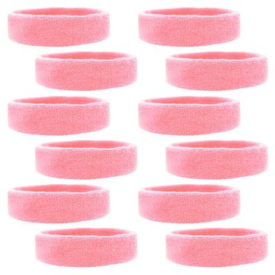 Kenz Laurenz Sweatbands Cotton Sports Headbands, Terry Cloth Moisture Wicking Athletic Basketball Band, Hot Pink (Pack of 12)