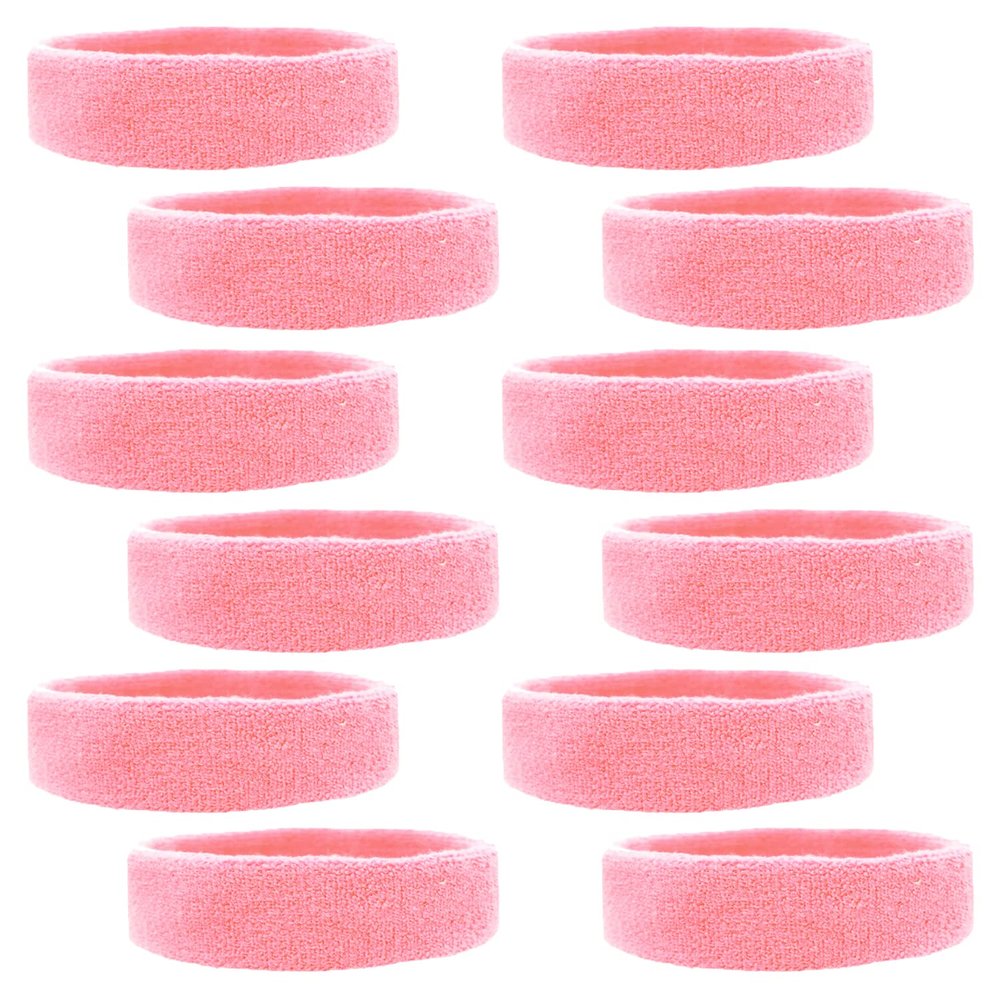 Kenz Laurenz Sweatbands Cotton Sports Headbands, Terry Cloth Moisture Wicking Athletic Basketball Band, Hot Pink (Pack of 12)