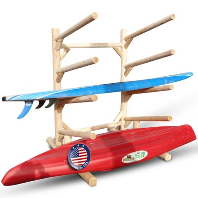 Log Kayak Rack 4-Place, One-Sided Kayak and SUP Log Racks, Surfboard Stand, Freestanding Outdoor Storage Rack, Surfboard Storage Racks, SUP Board Stand, Kayaks, Surfboards - Unfinished