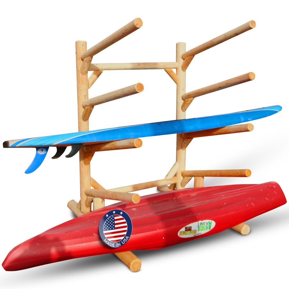 Log Kayak Rack 4-Place, One-Sided Kayak and SUP Log Racks, Surfboard Stand, Freestanding Outdoor Storage Rack, Surfboard Storage Racks, SUP Board Stand, Kayaks, Surfboards - Natural