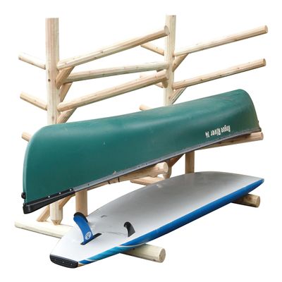 4-Place Low One-Sided 2 SUP + 2 Kayaks/Canoes Log Rack with Pegs, Free Standing Kayak Rack, Canoe Storage, SUP Board Outdoor Storages, Kayak Stand, Surfboard Stands Organizer - Unfinished