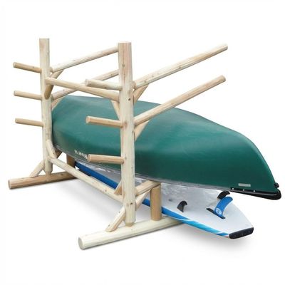 4-Place Low One-Sided 2 SUP + 2 Kayaks/Canoes Log Rack with Pegs, Free Standing Kayak Rack, Canoe Storage, SUP Board Outdoor Storages, Kayak Stand, Surfboard Stands Organizer - Canyon Brown