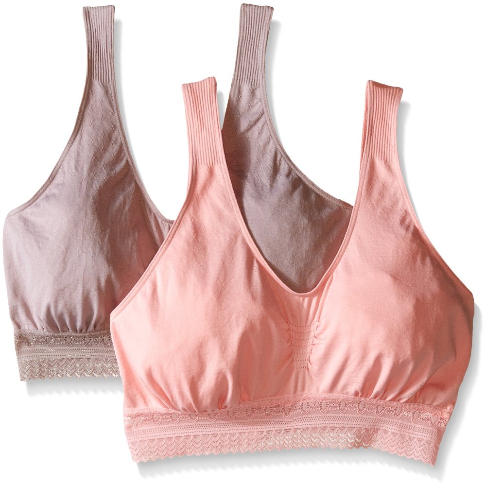 Bali Women's Comfort Revolution Seamless Crop Top 2 Pack, Lace Warm Steel/Rose Bloom Pink, Medium