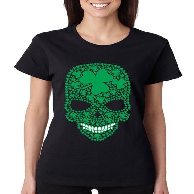 ALLNTRENDS Women's T Shirt Irish Skull St Patrick's Day Shamrock (2XL, Black)