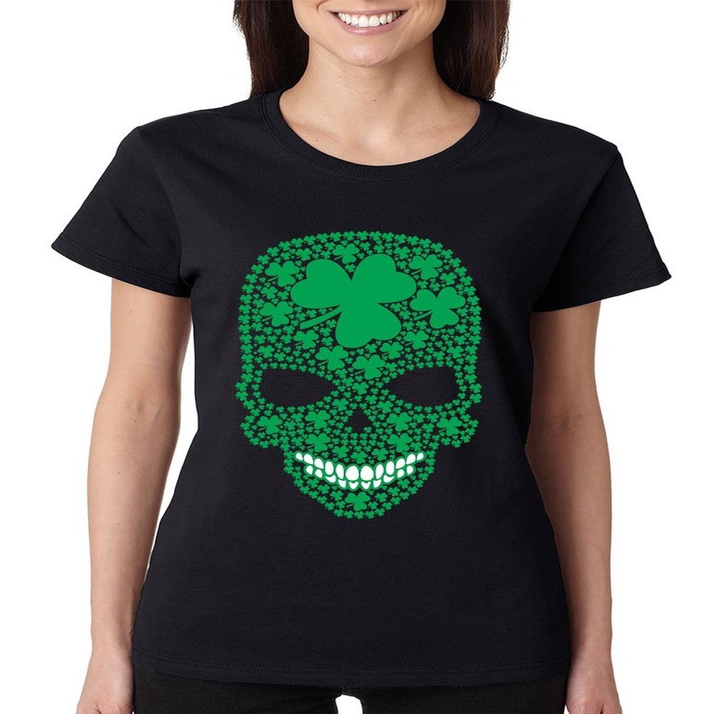 ALLNTRENDS Women's T Shirt Irish Skull St Patrick's Day Shamrock (2XL, Black)