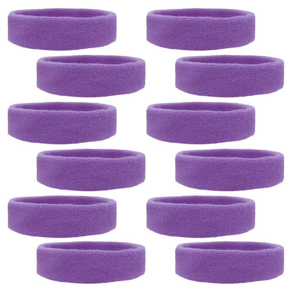 Kenz Laurenz Cotton Sports Sweatbands, Headbands Terry Cloth Moisture Wicking Athletic Basketball Headband, Purple (Pack of 12) Fits Most