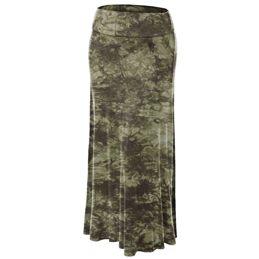 Lock and Love WB1058 Womens Tie Dye Fold Over Maxi Skirt XL Olive