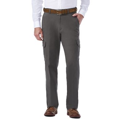 Haggar Men's Stretch Comfort Cargo Expandable Waist Classic Fit Plain Front Pant, Medium Grey, 32x32