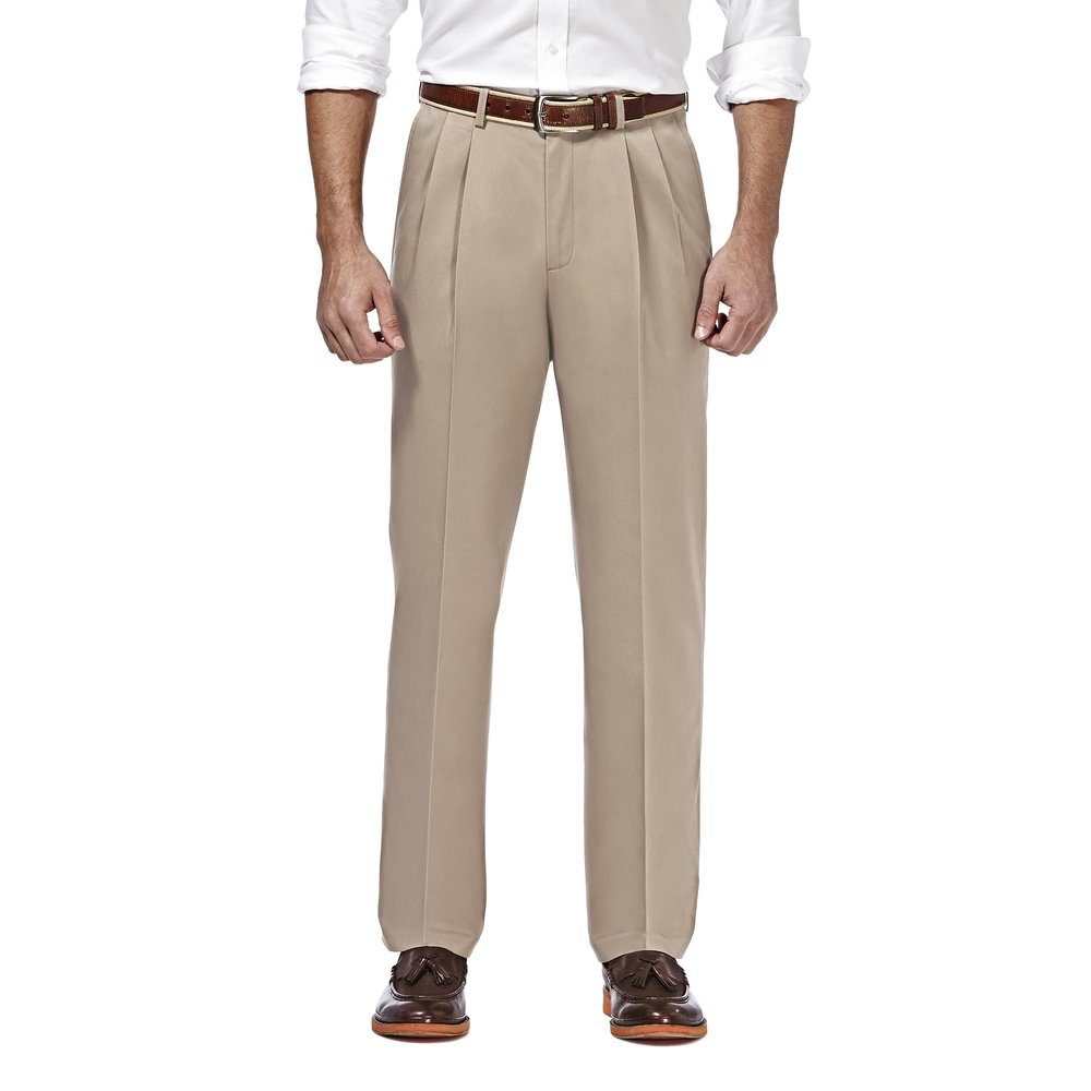 Haggar Men's Premium No Iron Khaki Classic Fit Pleat Front Casual Pant (Regular and Big & Tall Sizes), Sand, 40W x 32L