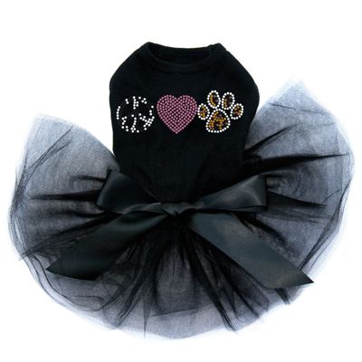 Peace, Love, Paw - Animal Print - Bling Rhinestone Dog Tutu Dress, XS Black